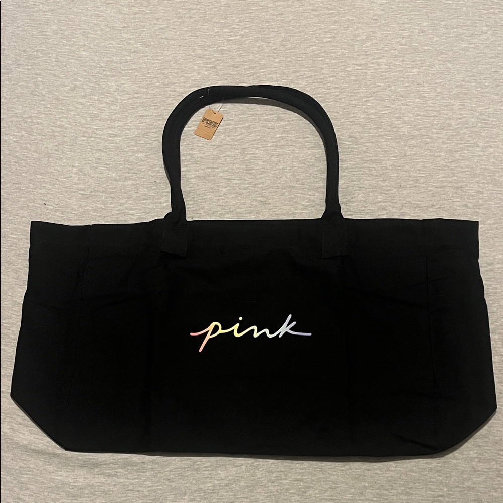 Victoria’s Secret PINK Black Canvas Duffel Tote Bag Rainbow Logo Zip Closure NWT